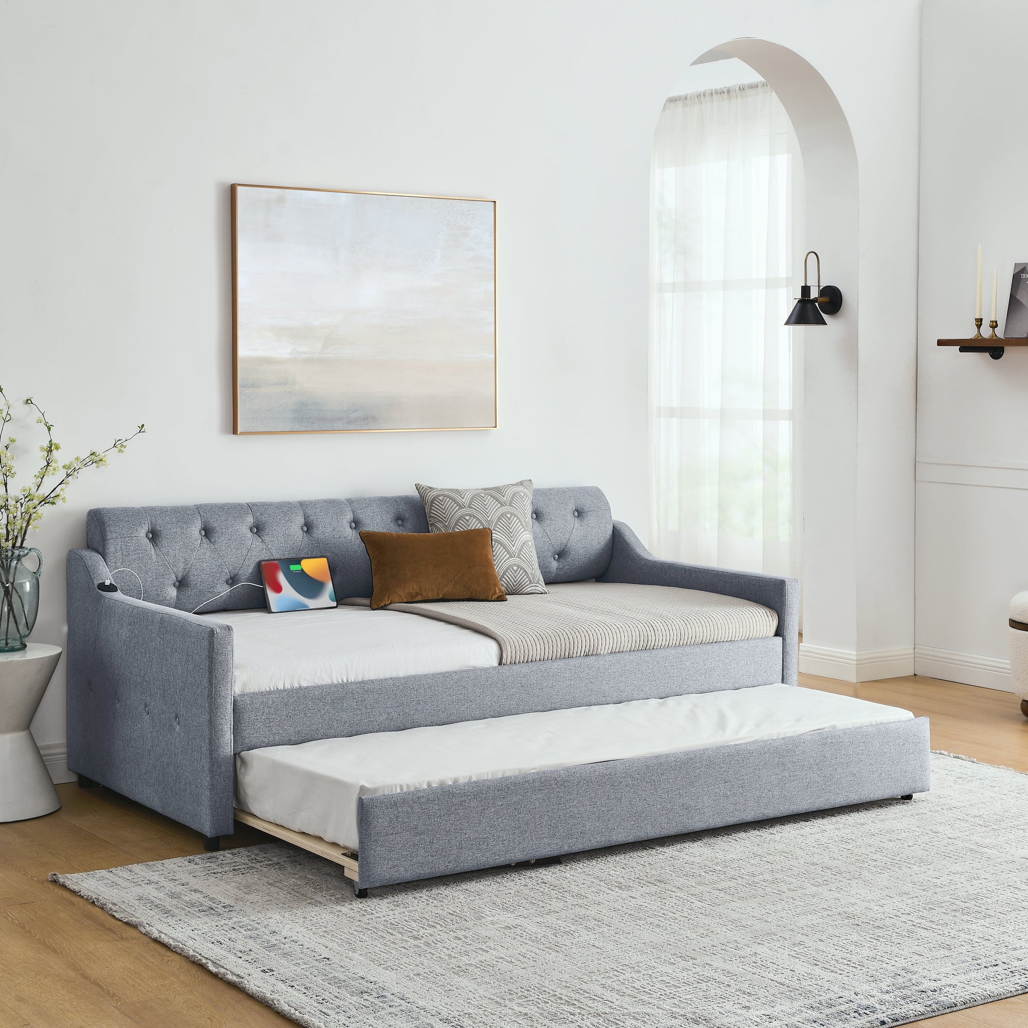 Linen Grey Mid-Century Style Twin Size Upholstered Daybed with Trundle and USB Charging Armrest - Grand Goldman Shop