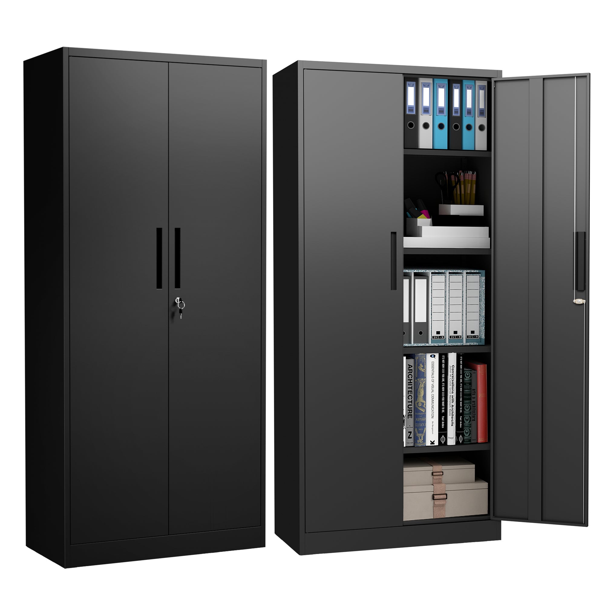 71'H Metal Garage Storage Cabinet, Black Tool Steel Locking Cabinet with Doors and 4 Shelves, Tall Cabinets for Garage Storag