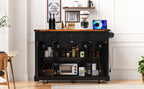 K&K 53'' Farmhouse Kitchen Island with Two Tempered Glass Cabinet Doors, Power Outlet, Rolling Kitchen Cart on Wheels with Drop Leaf, 5 Open Side Racks, 3 Drawers, for Kitchen, Dining Room, Black - Grand Goldman Shop