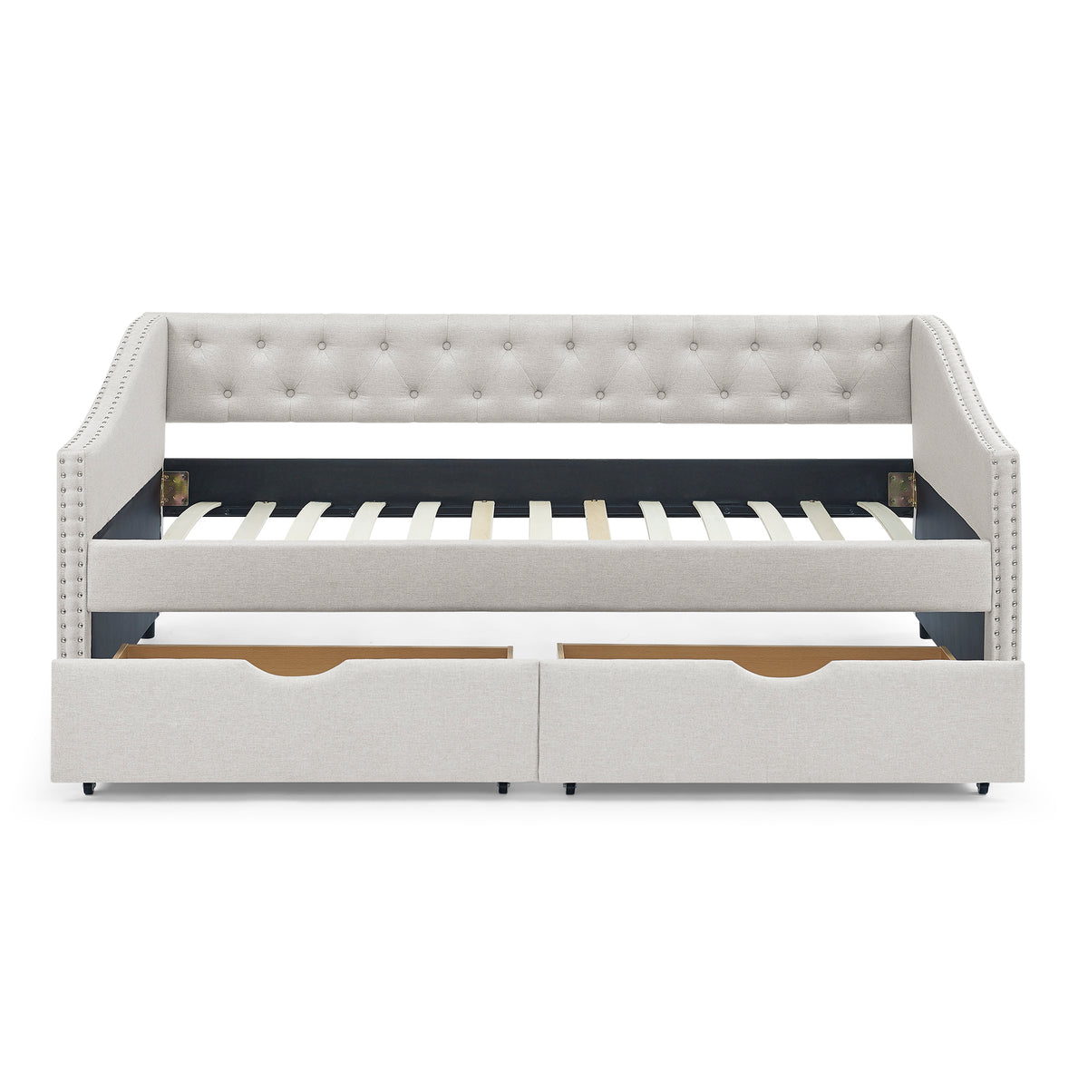 Mid-Century Twin Size Daybed with Drawers, Button Tufted Back and Copper Nail Trimmed Waved Arms, Beige Linen Upholstery, 81.5''x41''x30.5'' - Grand Goldman Shop