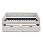 Mid-Century Twin Size Daybed with Drawers, Button Tufted Back and Copper Nail Trimmed Waved Arms, Beige Linen Upholstery, 81.5''x41''x30.5'' - Grand Goldman Shop