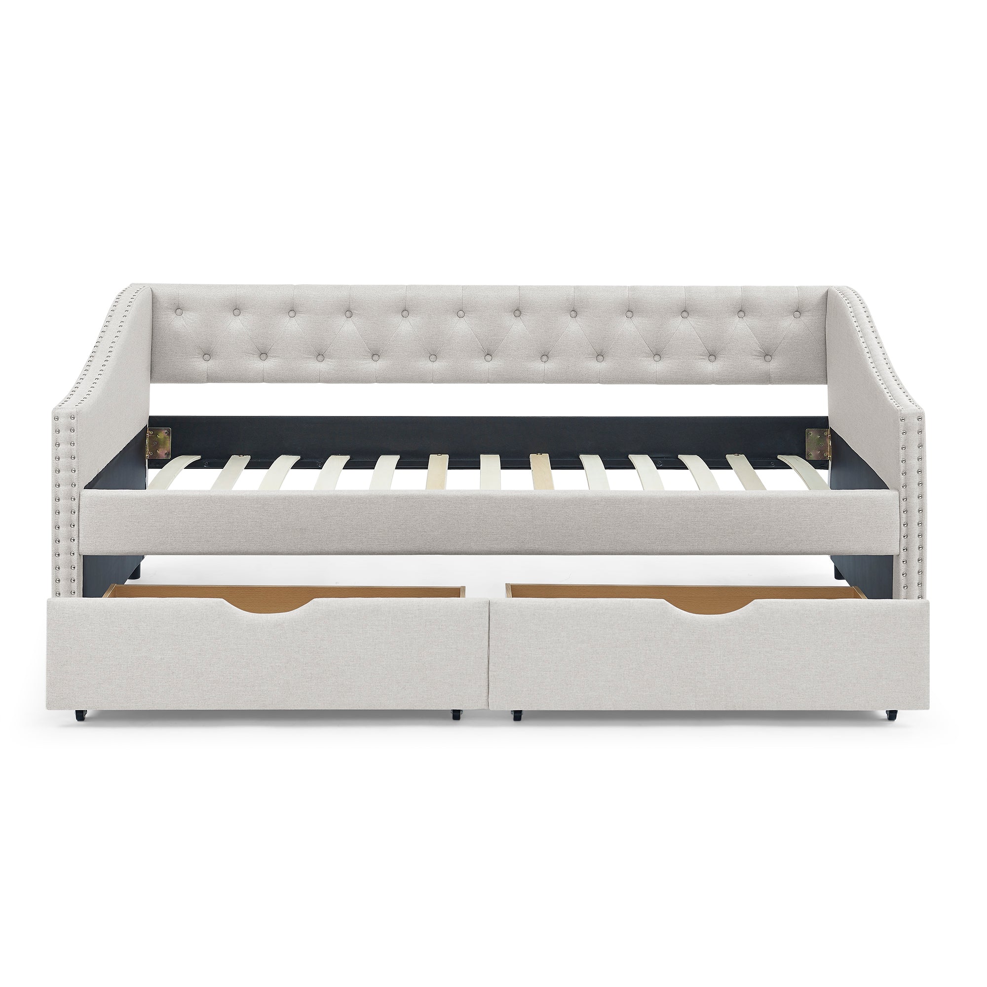 Mid-Century Twin Size Daybed with Drawers, Button Tufted Back and Copper Nail Trimmed Waved Arms, Beige Linen Upholstery, 81.5''x41''x30.5'' - Grand Goldman Shop