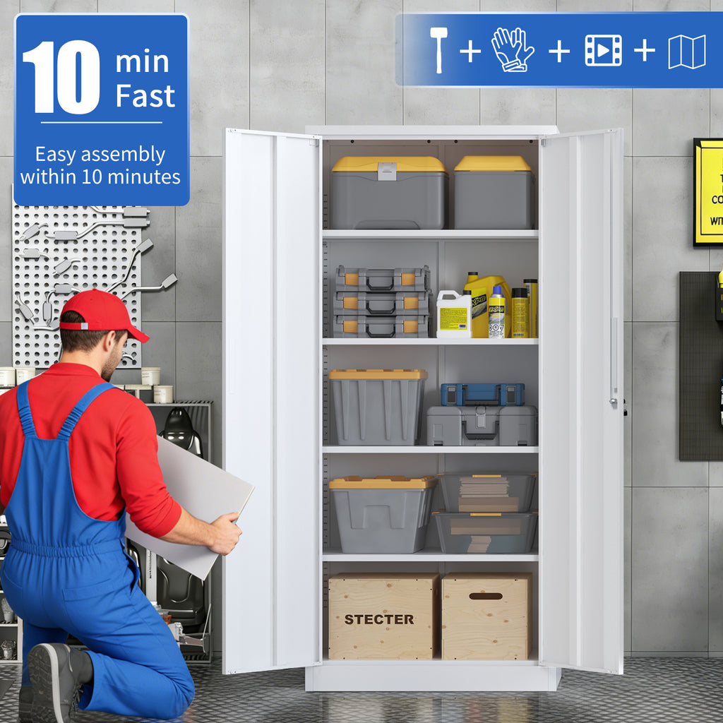 71'H Metal Garage Storage Cabinet, White Tool Steel Locking Cabinet with Doors and 4 Adjustable Shelves, Tall Cabinets for Ga