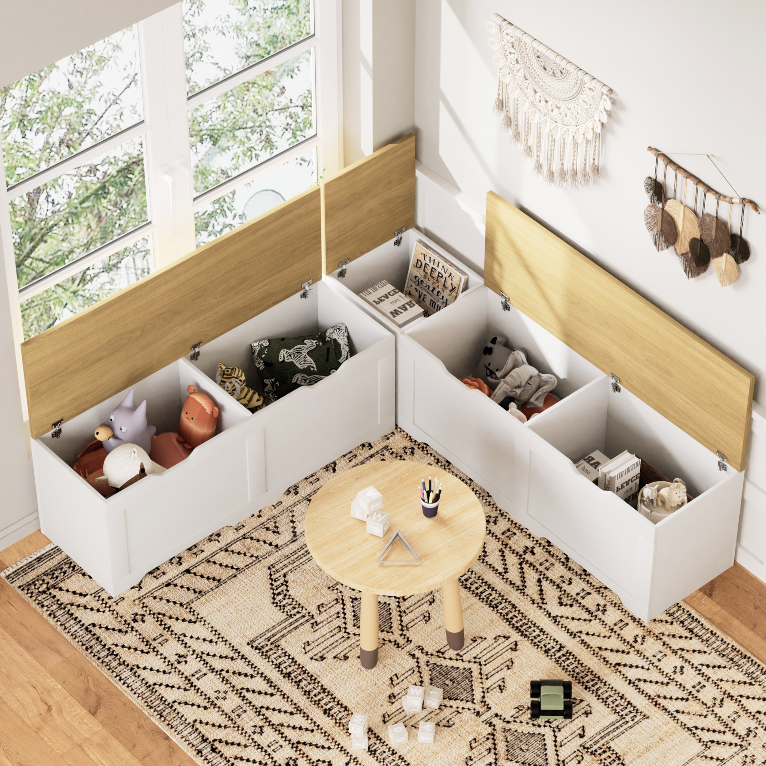 3-Piece L-Shaped Multi-Functional Storage Bench with Cushion, serving as a kitchen corner bench, toy storage box, or reading nook seat., White and Natural, 63'D x 63'W x 19.1'H - Grand Goldman Shop
