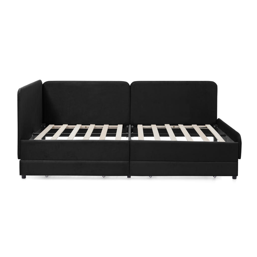 Black Velvet Twin Upholstered Platform Bed Frame with 2 Storage Drawers and Adjustable Sofa Bed - Grand Goldman Shop
