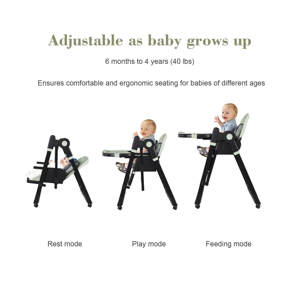 Convertible Baby High Chair to Rocker with 5-Point Harness, Foldable Infant Feeding Chair in Dark Green with Removable 2-Tier