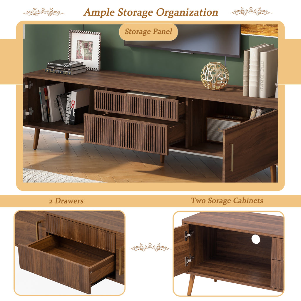 Mid Century TV Stand with 2 Drawers, Media Console Table for TVs up to 80'', Walnut Finish Solid Wood and MDF Entertainment Center for Living Room, Bedroom, Home Theatre - Grand Goldman Shop