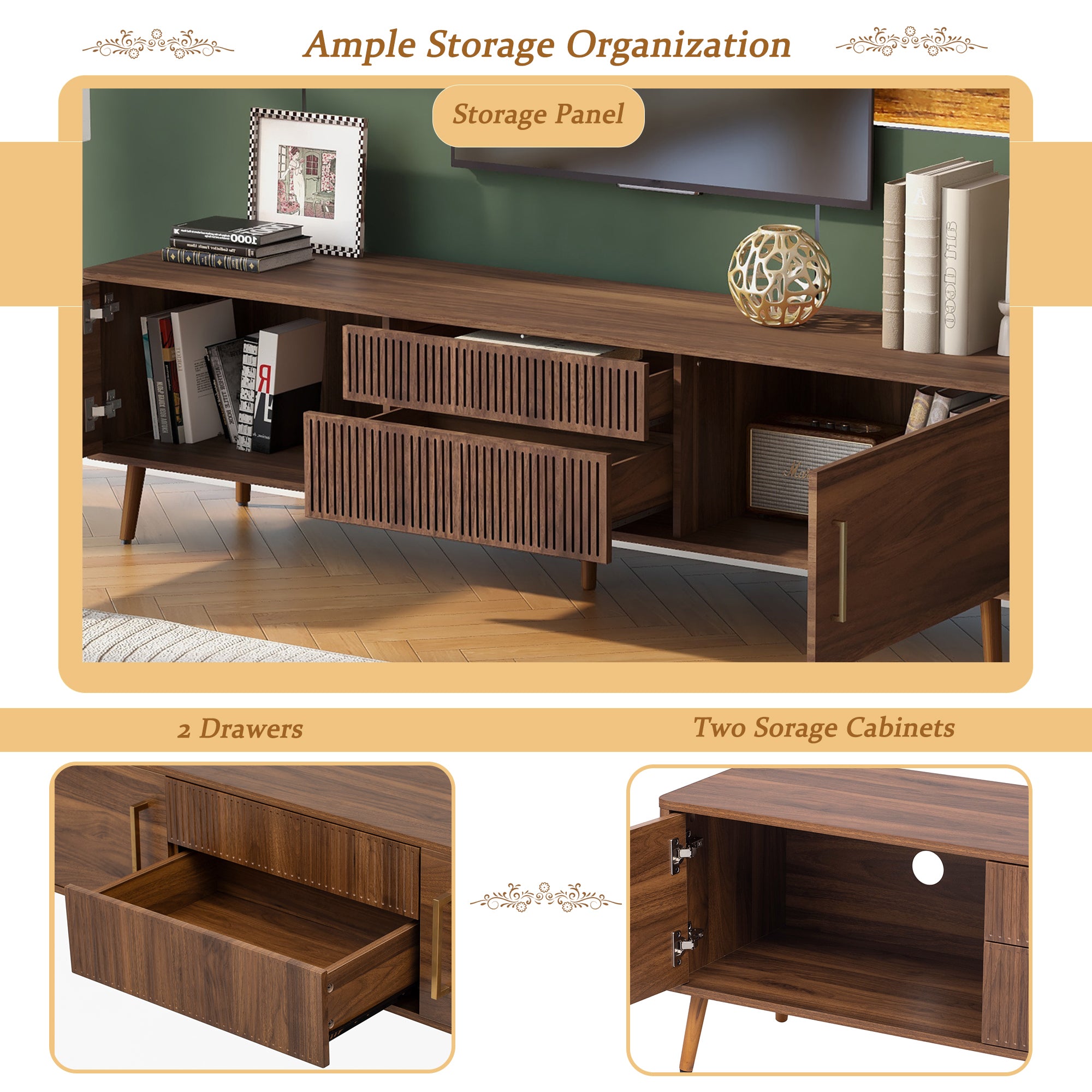 Mid Century TV Stand with 2 Drawers, Media Console Table for TVs up to 80'', Walnut Finish Solid Wood and MDF Entertainment Center for Living Room, Bedroom, Home Theatre - Grand Goldman Shop