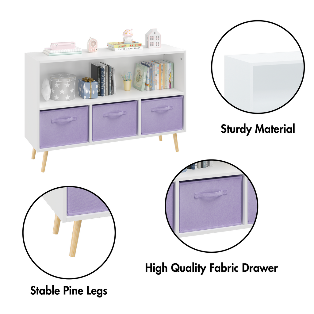 Kids Bookcase with Collapsible Fabric Drawers, Children's Book Display Organizer in White and Purple, MDF with Pine Legs | Pr