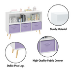 Kids Bookcase with Collapsible Fabric Drawers, Children's Book Display Organizer in White and Purple, MDF with Pine Legs | Pr