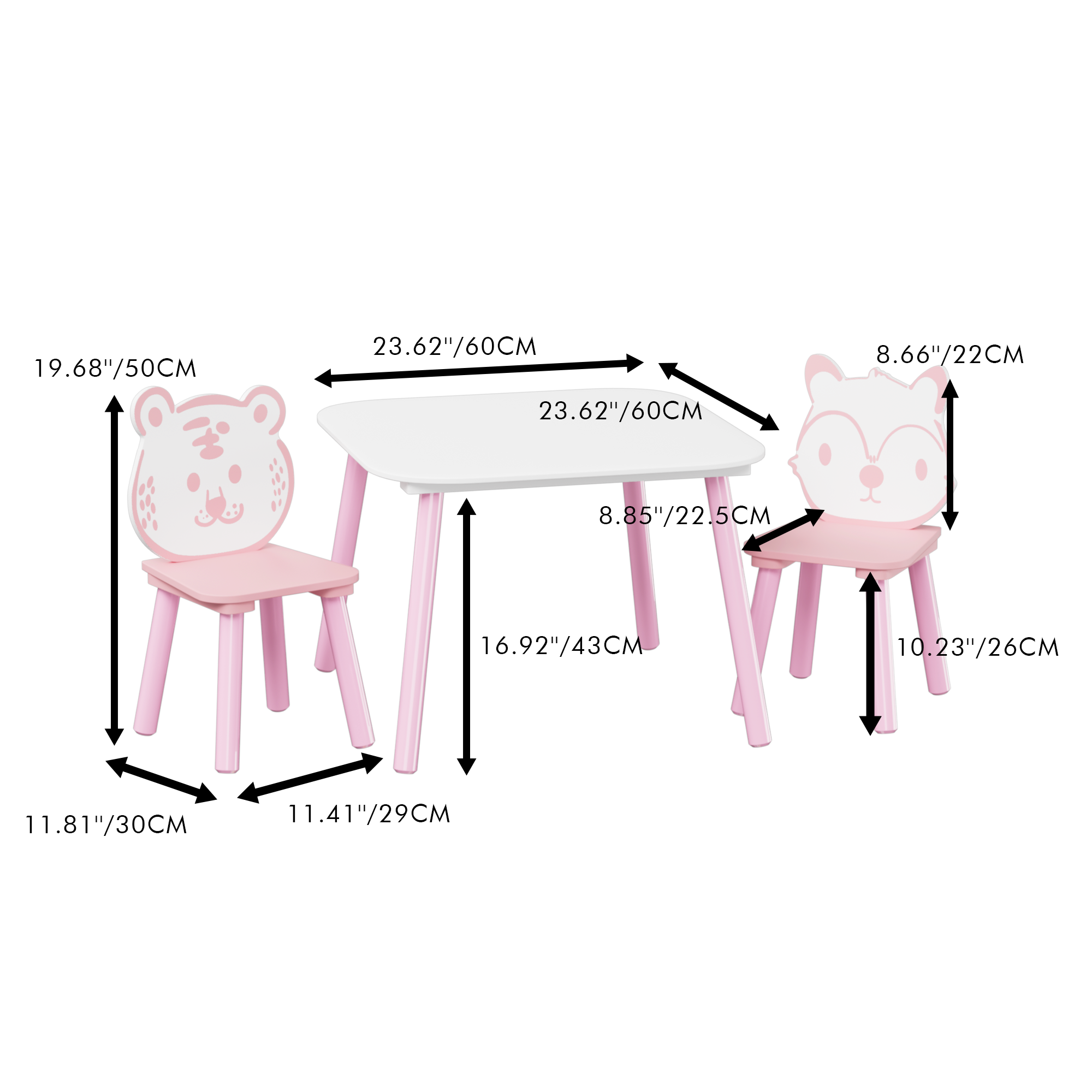 Kids Table and Chair Set, 3-Piece Wooden Toddler Desk with Animal Backrest, Activity Table for Drawing, Learning,Playroom or 