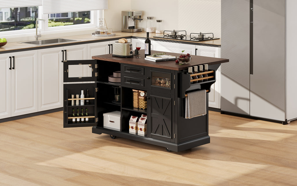 K&K 54.9' Kitchen Island with Drop Leaf, Power Outlet, Kitchen Storage Cart with 4 Door Shelves, Cross Barn Doors & Visual Glass Door, Rolling Kitchen Island on 4 Wheels for Kitchen, Dining Room,Black - Grand Goldman Shop