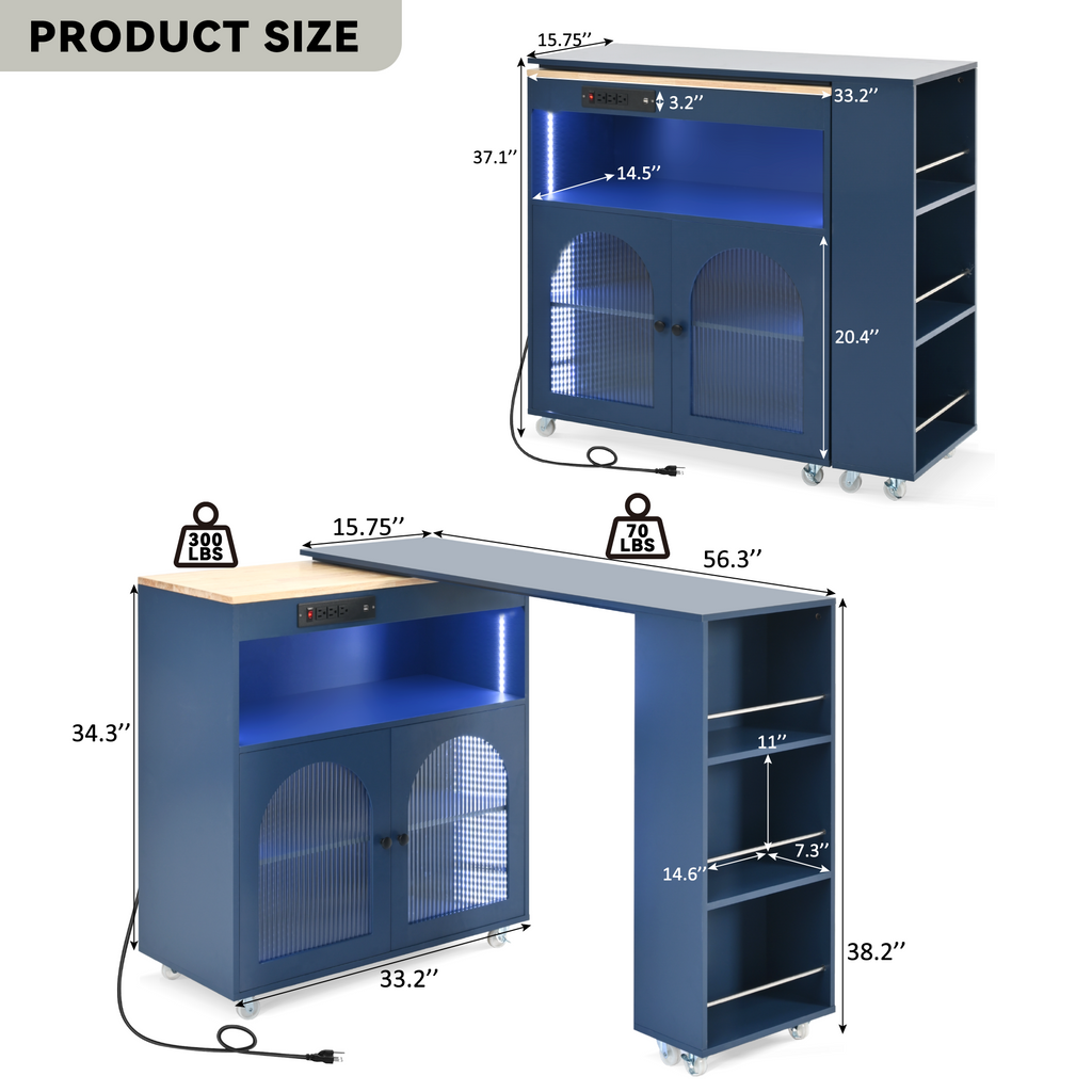 K&K Rolling Kitchen Island With Extended Table, Kitchen Island on Wheels with LED Lights,Power Outlets and 2 Fluted Glass Doors, Kitchen Island with a Storage Compartment and Side 3 Open Shelves, Navy - Grand Goldman Shop