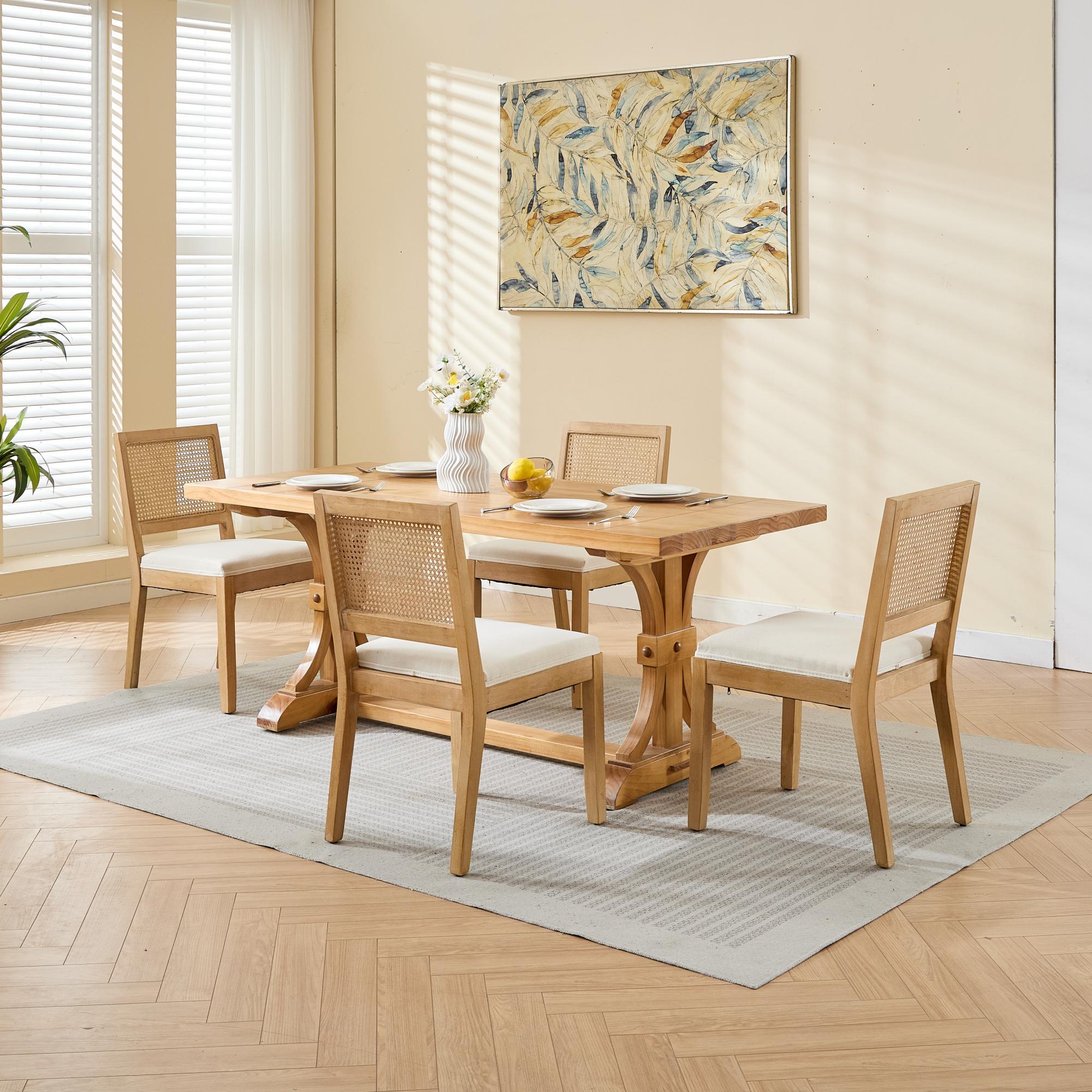 Farmhouse Rattan Dining Chairs Set of 2, Mid Century Modern Kitchen & Dining Room Chairs, Cane Upholstered Kitchen Side Chair with Natural Hardwood Frame, Beige - Grand Goldman Shop