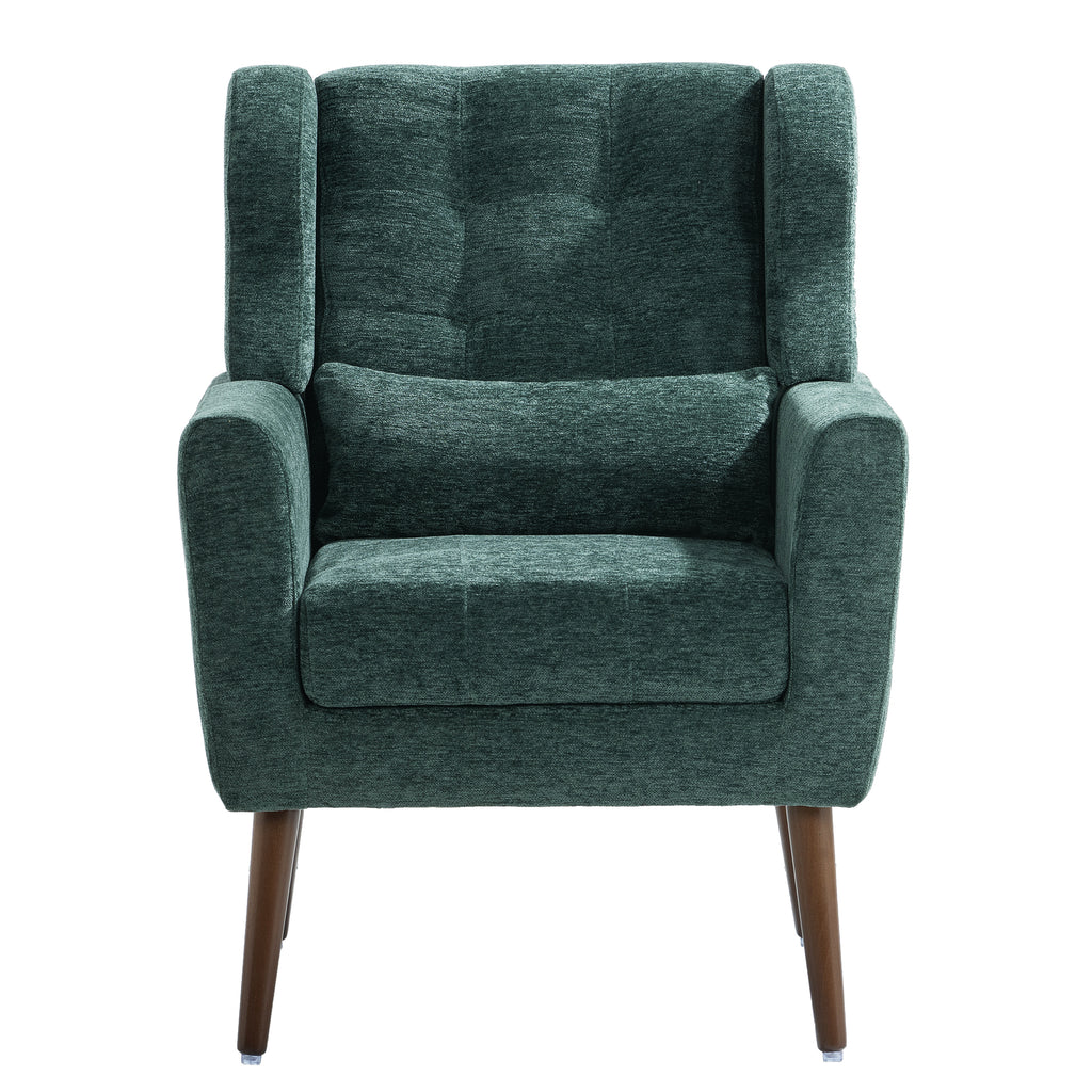 Modern Accent Chair,Chenille Arm Chairs for Living Room,Upholstered Mordern Armchair,Comfy Soft Padded Lounge Chair in Small Space, Bedroom, w/Pillow, Solid Wood Leg (Blackish Green) - Grand Goldman Shop