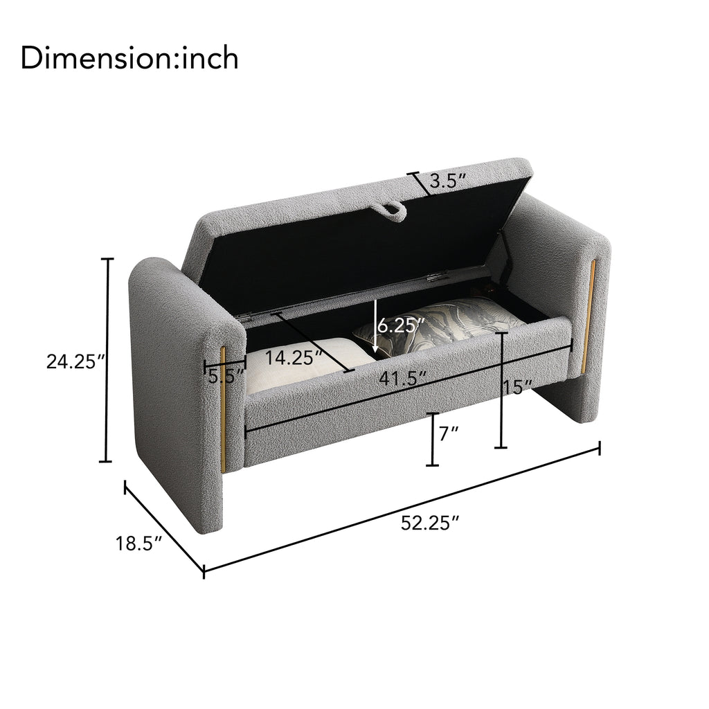 Modern Teddy Upholstered Storage Bench with Arms and Comfy Teddy Fabric in Grey - Grand Goldman Shop