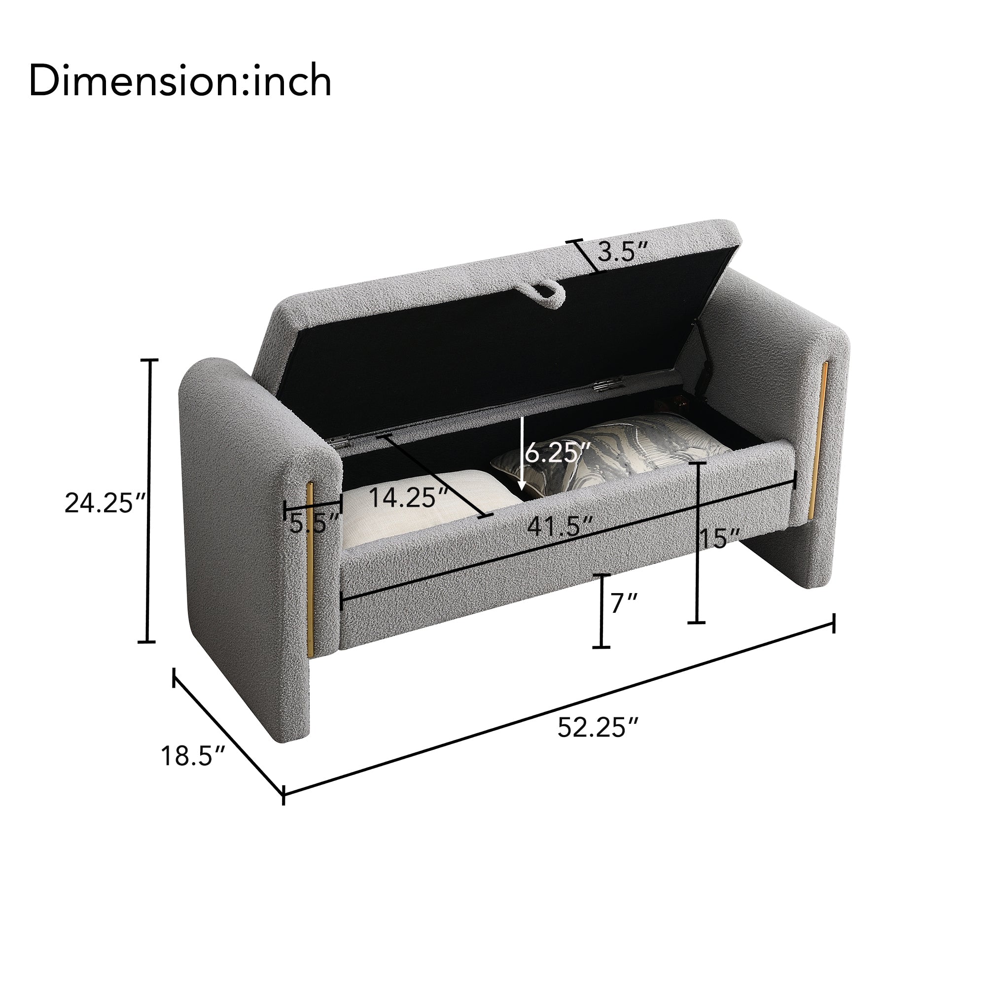 Modern Teddy Upholstered Storage Bench with Arms and Comfy Teddy Fabric in Grey - Grand Goldman Shop