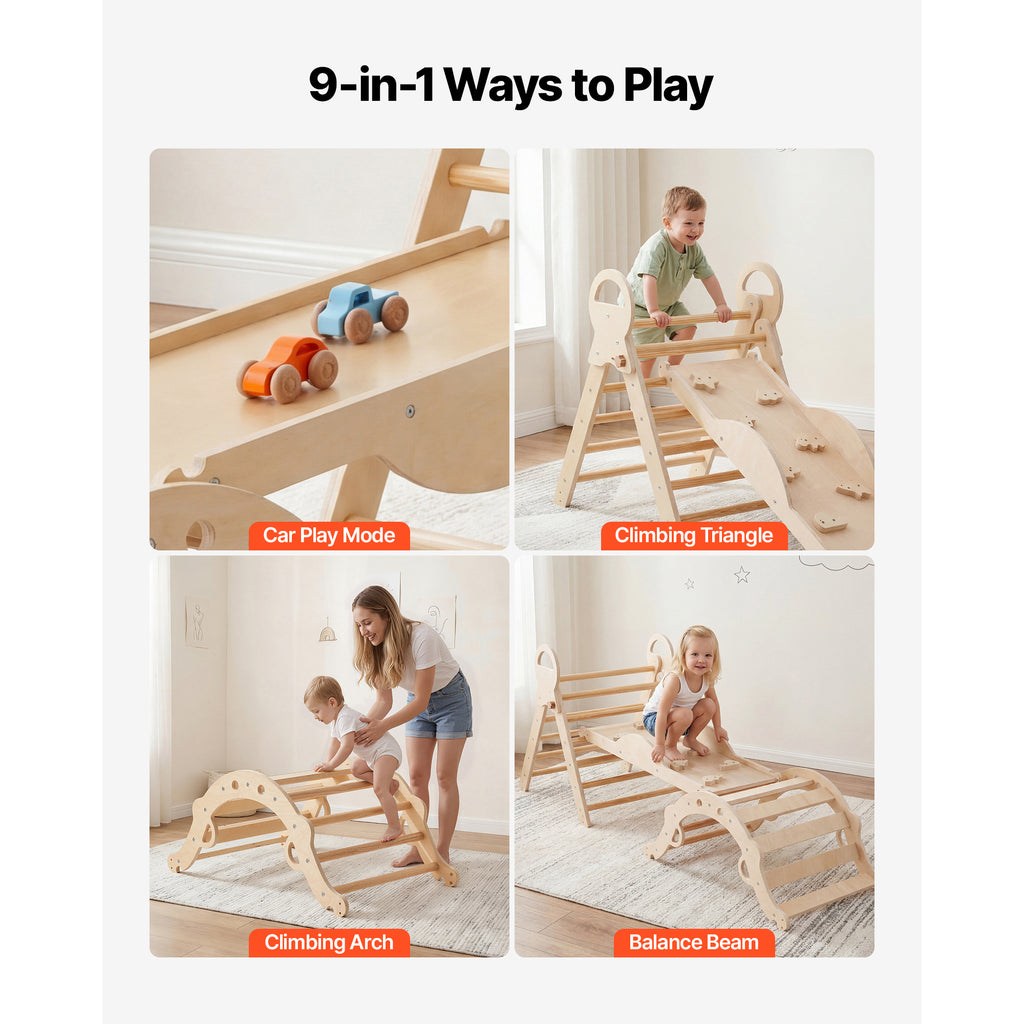 Pikler Triangle Set, 9-in-1 Toddler Climbing Toys Indoor, with 2 Wooden Cars, Cushion, Triangle, Arch, and Ramp, 150 lbs Load