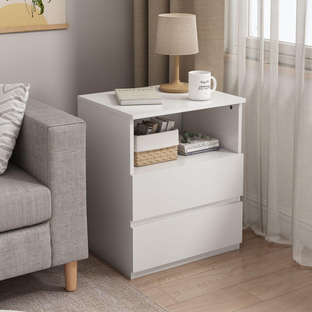 (Set of 2)End Table with Fast USB C Charging Station, Sofa Side Table with 2 Drawers, Large Storage Modern Wood Storage Cabinet for Living Room,Bedroom,Office, White - Grand Goldman Shop