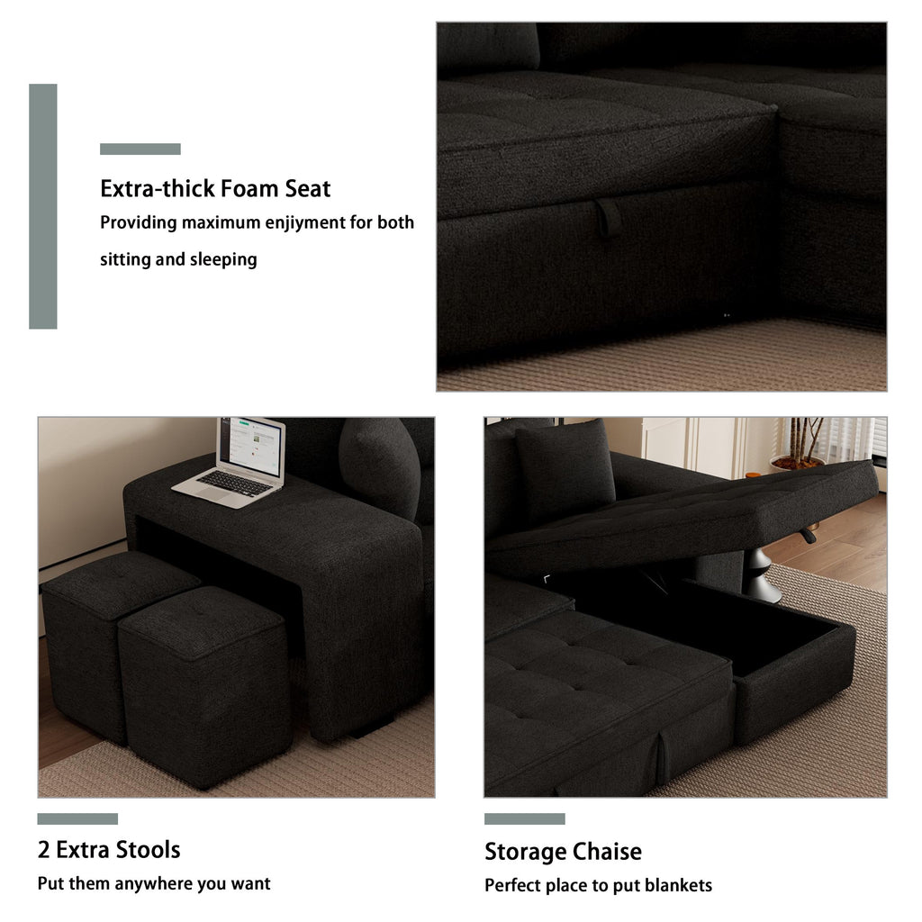 Modern L-Shape 3 Seat Reversible Sectional Couch with Pull Out Sleeper Sofa, Storage Chaise, 2 Stools, Charcoal Grey, Linen Chenille - Grand Goldman Shop