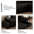 Modern L-Shape 3 Seat Reversible Sectional Couch with Pull Out Sleeper Sofa, Storage Chaise, 2 Stools, Charcoal Grey, Linen Chenille - Grand Goldman Shop