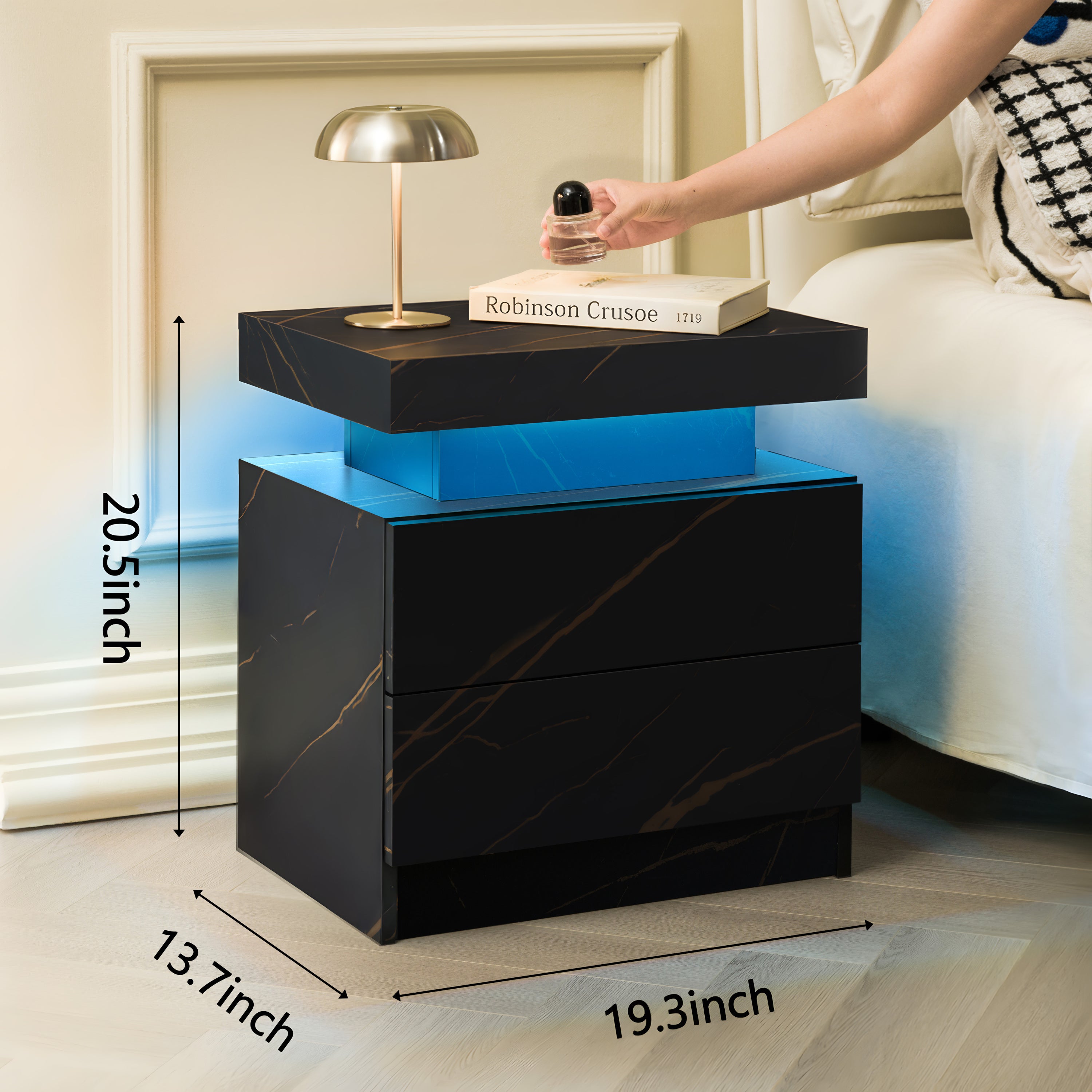 Nightstand LED Bedside Table Cabinet Lights Modern End Side with 2 Drawers for Bedroom (Black Gold) - Grand Goldman Shop