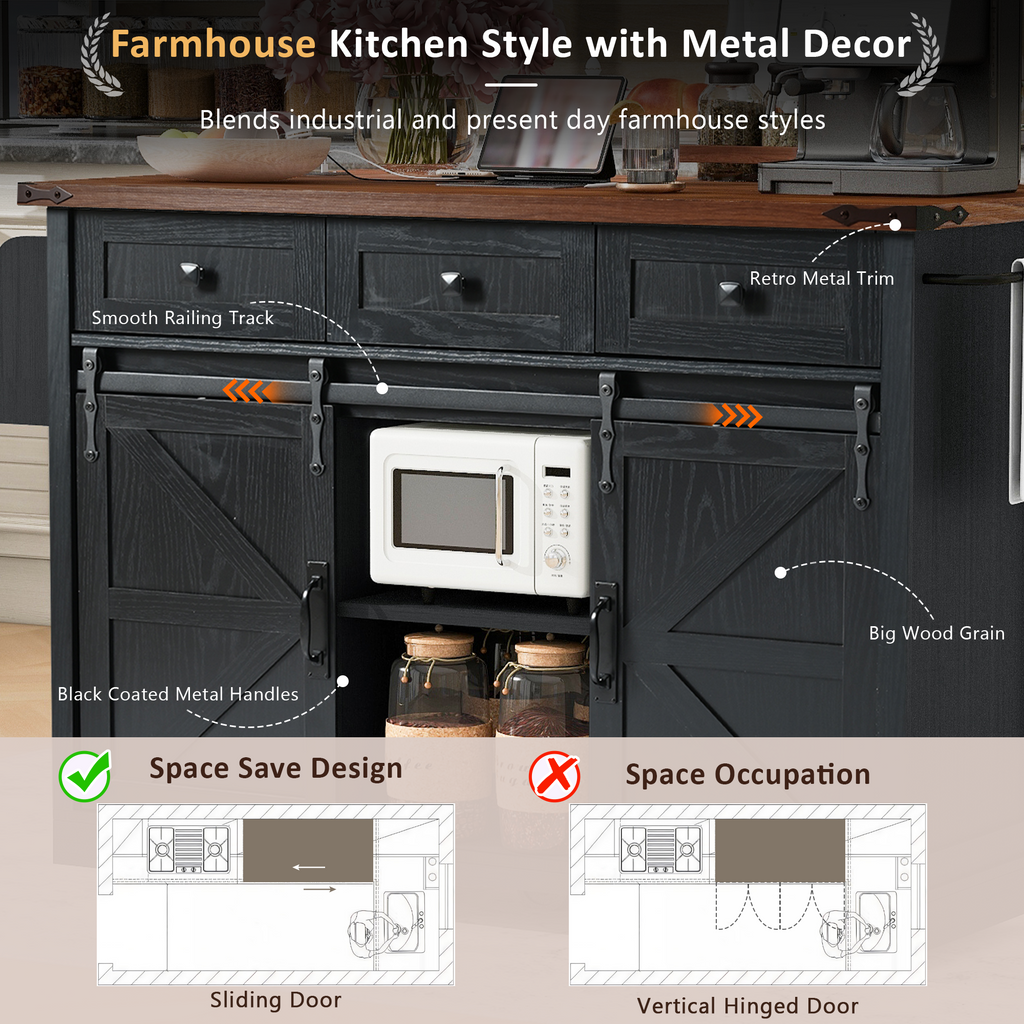 K&K 53.7' Farmhouse Kitchen Island with Power Outlet, 2 Sliding Barn Door Kitchen Storage Island with Drop Leaf, Spice Rack Rolling Kitchen Cart on Wheels, for Home, Kitchen and Dining Room, Black - Grand Goldman Shop