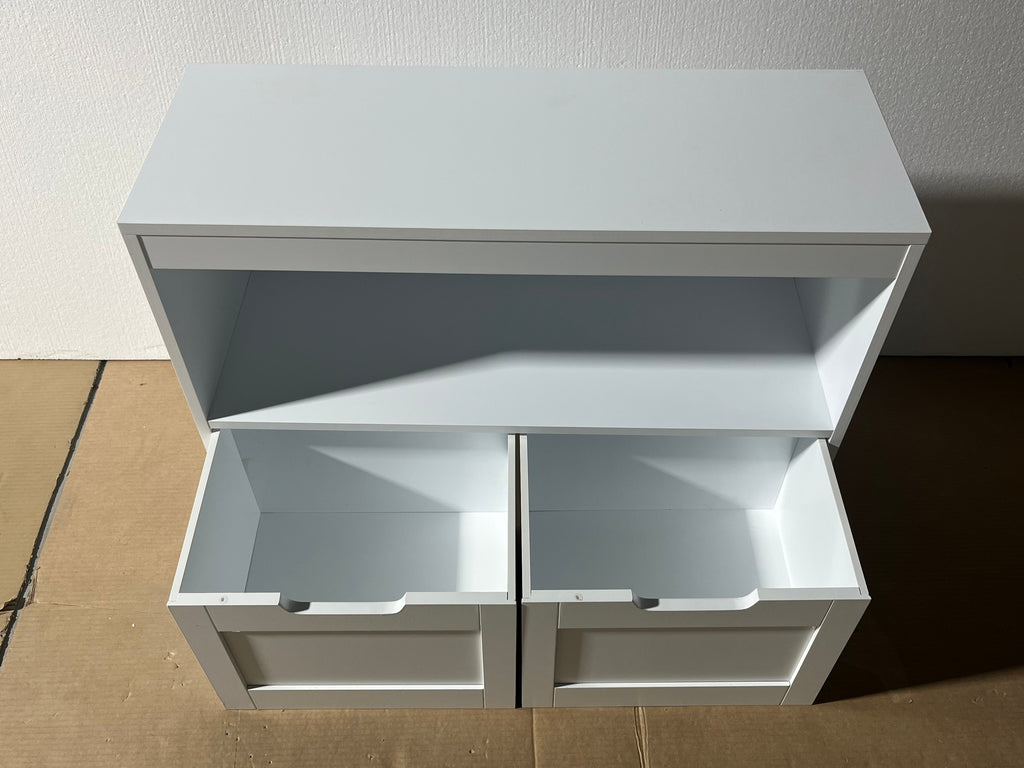 White Book Organizer with Large Drawers and Open Shelves, MDF Toy Storage Cabinet with Removable Wheels and Rounded Edges | P