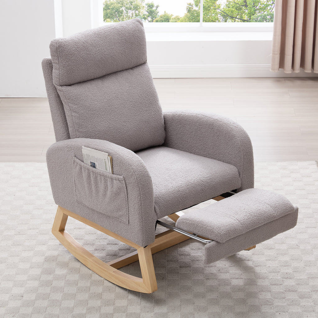 015B-Teddy Fabric Leisure Rocking Chair,Nursery Rocking Chair With Adjustable Footstool,Thickened Headrest And High Backrest, Storage Pocket On The Right Side,The Base Rocker Is Solid Wood,Light Gray - Grand Goldman Shop