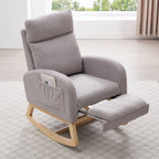 015B-Teddy Fabric Leisure Rocking Chair,Nursery Rocking Chair With Adjustable Footstool,Thickened Headrest And High Backrest, Storage Pocket On The Right Side,The Base Rocker Is Solid Wood,Light Gray - Grand Goldman Shop