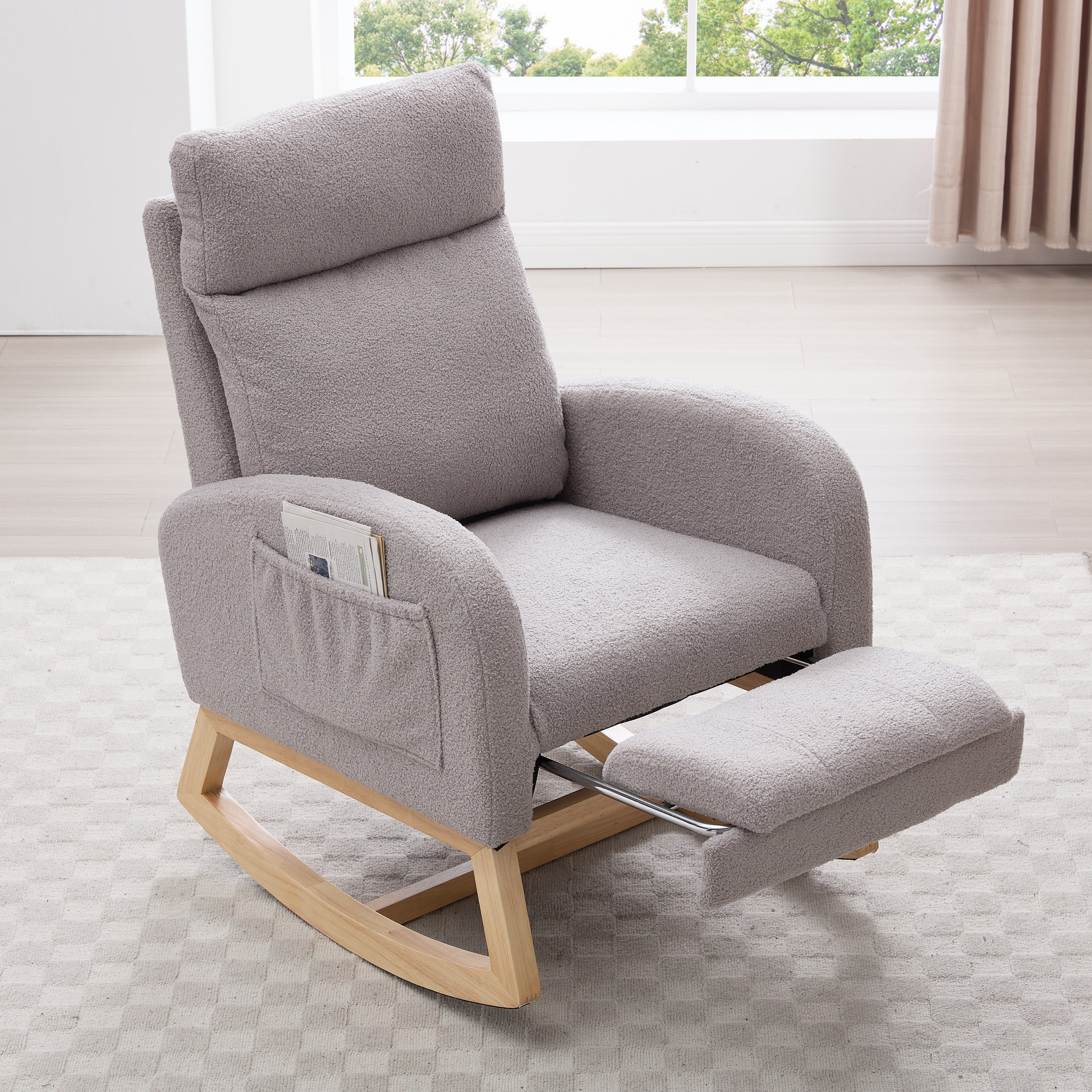 015B-Teddy Fabric Leisure Rocking Chair,Nursery Rocking Chair With Adjustable Footstool,Thickened Headrest And High Backrest, Storage Pocket On The Right Side,The Base Rocker Is Solid Wood,Light Gray - Grand Goldman Shop