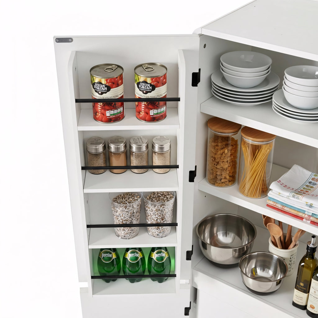 K&K 72' Tall Farmhouse Kitchen Pantry Cabinet with 8 Door Shelves, Curved Design Storage Cabinet with 3 Adjustable Shelves, Hidden Drawer, Versatile Cupboard for Kitchen, Dining & Bathroom, White - Grand Goldman Shop