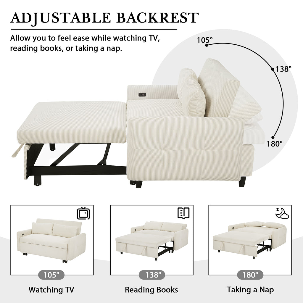 Modern Convertible Pull-out Sofa Bed with USB Ports and Pillows, Beige Corduroy, 57.48 inches - Grand Goldman Shop