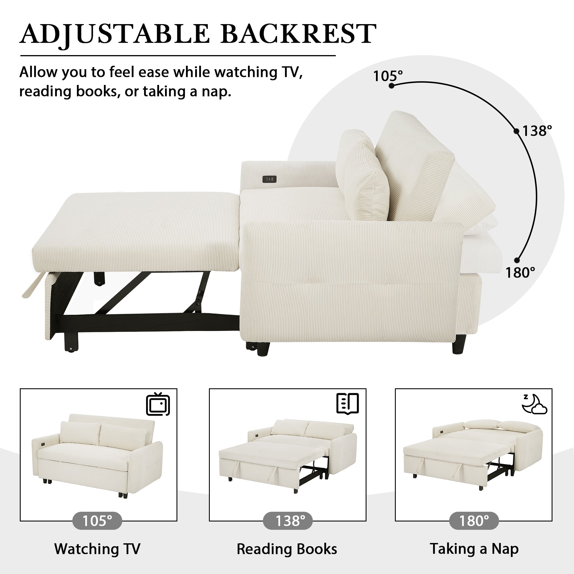 Modern Convertible Pull-out Sofa Bed with USB Ports and Pillows, Beige Corduroy, 57.48 inches - Grand Goldman Shop