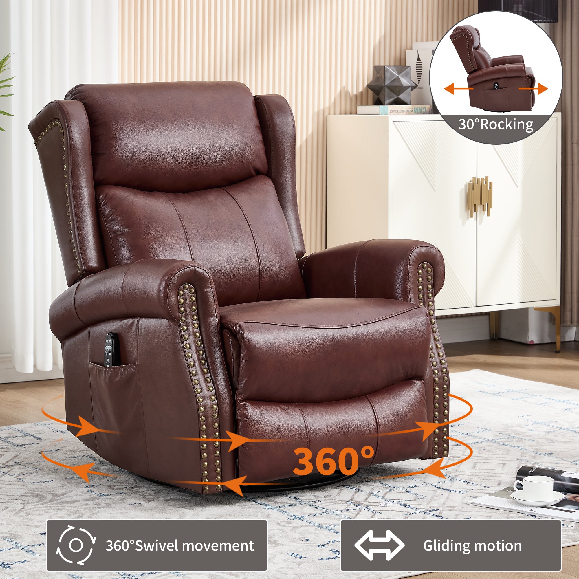 Heat Massage Manual Recliner Chair with Rocker and Swivel in Genuine leather for Living Room, Red - Grand Goldman Shop