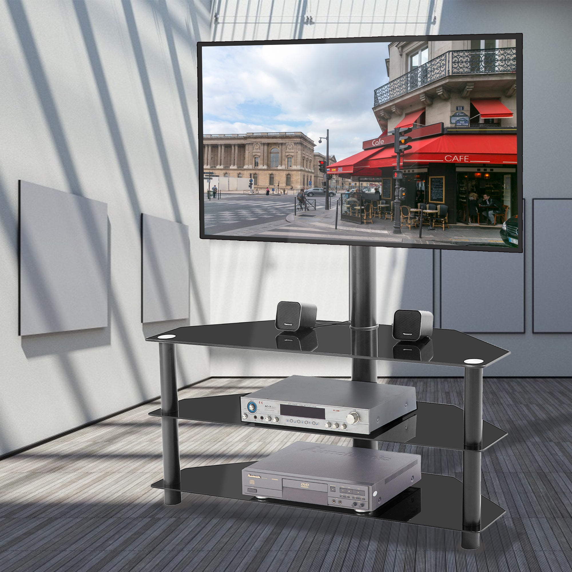 Modern Black Multi-function TV Stand with Height Adjustable Swivel Bracket and 3-Tier Tempered Glass - Grand Goldman Shop