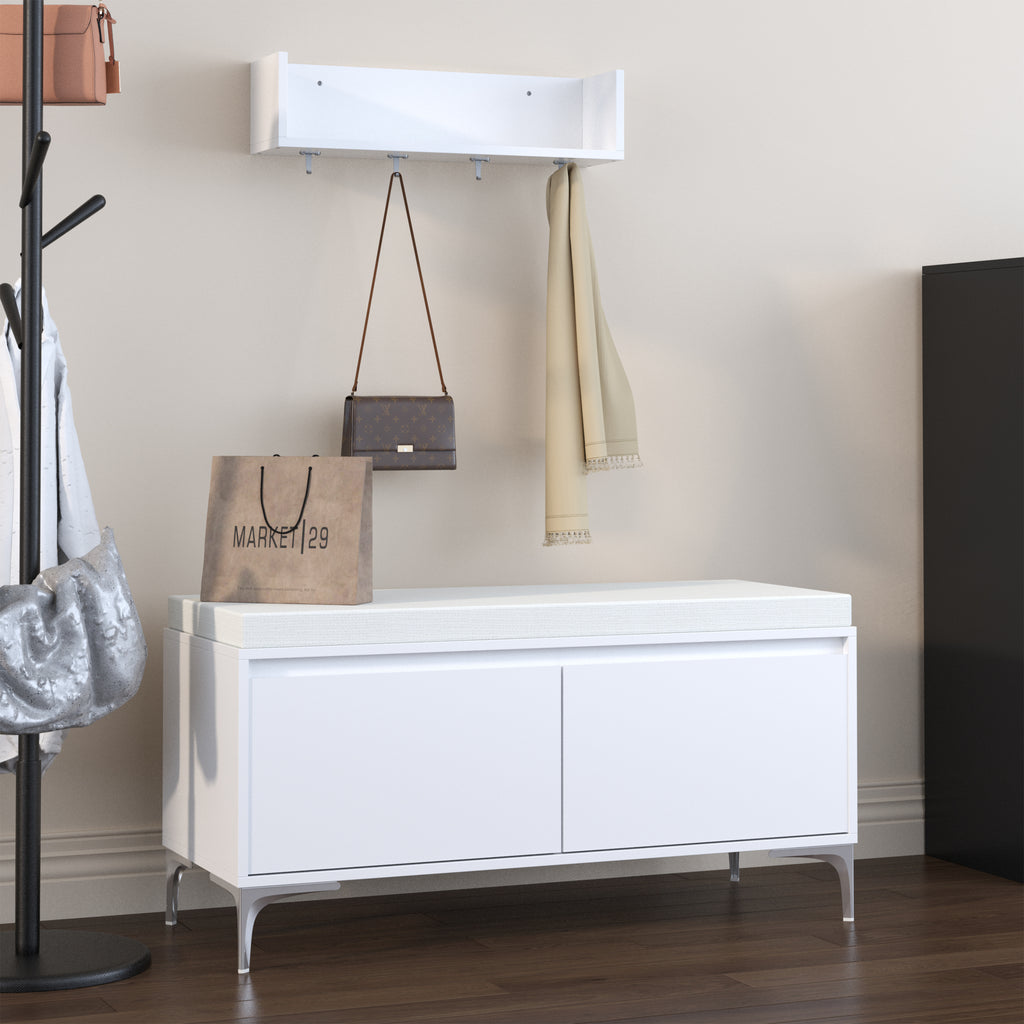 Modern White Wall-Mounted Entryway Shelf with Hooks and Storage Bench Set, Off White Metal & Wood, 39.37 x 15.75 x 19.49 inches - Grand Goldman Shop