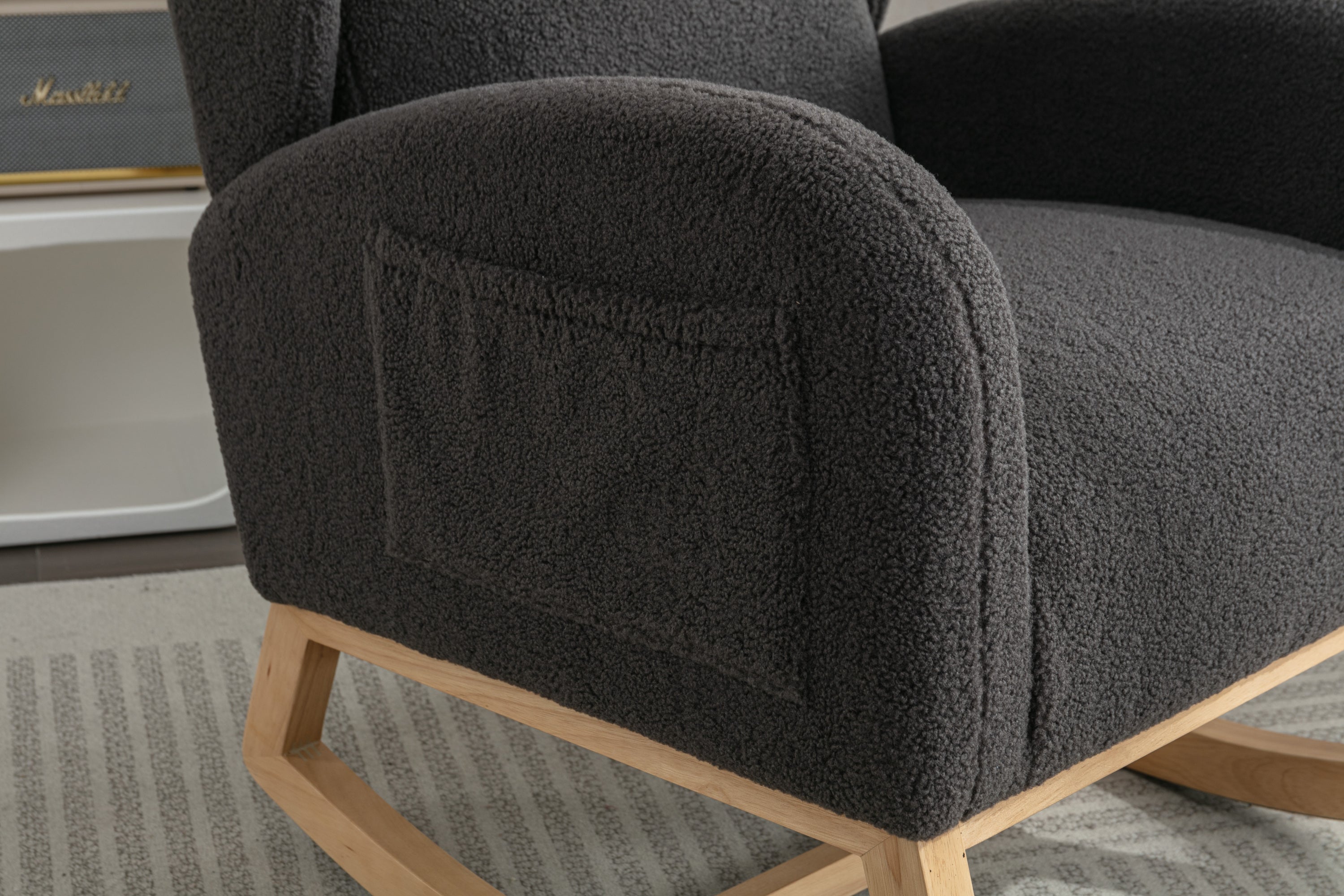 049-Teddy Fabric Rocking Chair With Packet Wood Legs,Dark Gray - Grand Goldman Shop