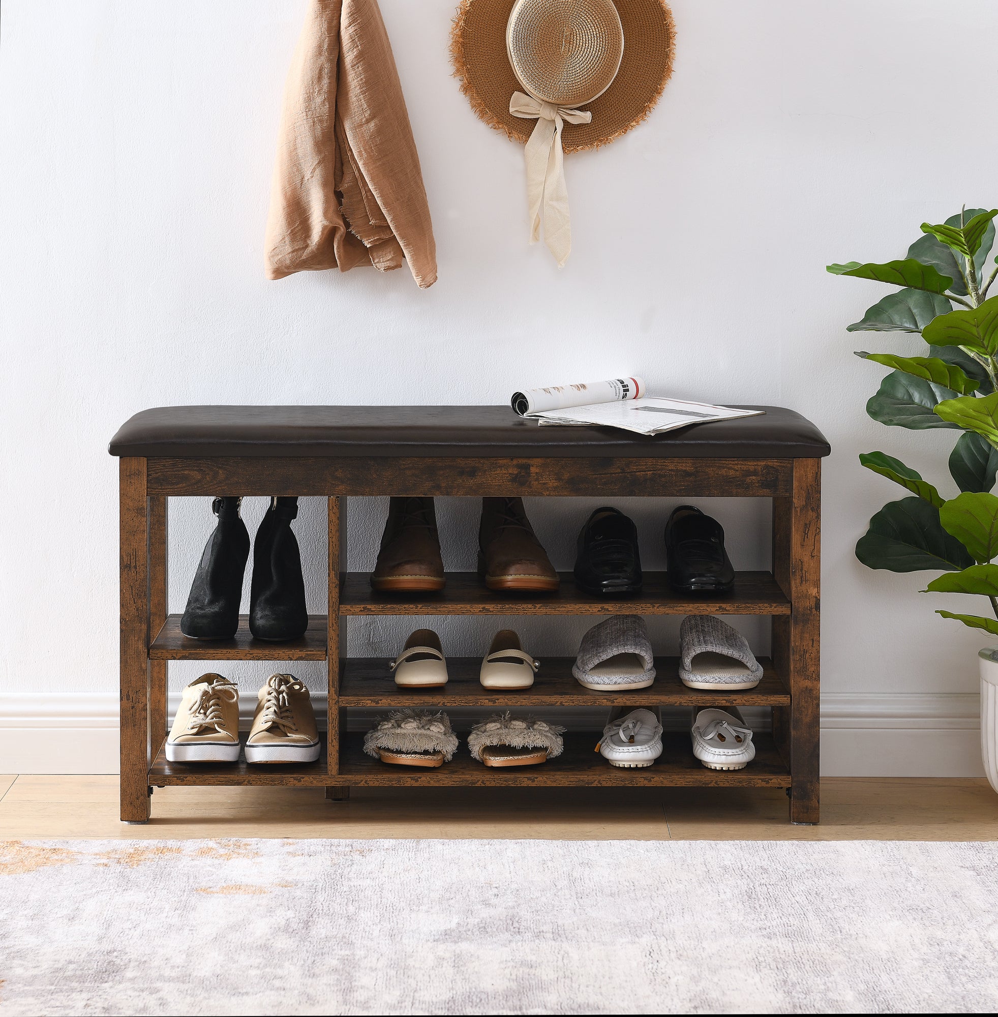 A height-adjustable long shoe-changing bench,made of natural rubberwood,comes with a comfortable seat,concealed storage space and large storage compartments, featuring charcoal-grained wood ,Vintage - Grand Goldman Shop
