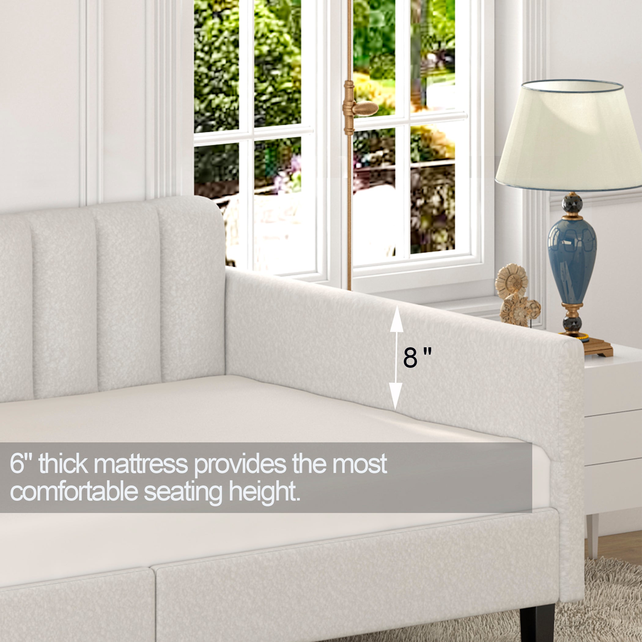 Elena Twin Size Ivory Boucle Upholstered Daybed with Ribbed Tufted Backrest in Lavish Modern Design - Grand Goldman Shop