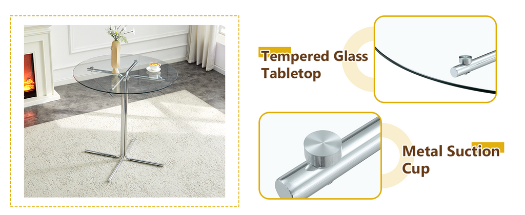 Round glass bar high table, 36 inch round bar table, tempered glass tabletop, sturdy silver chrome plated four column support, suitable for transparent round bar tables in small spaces, kitchens - Grand Goldman Shop