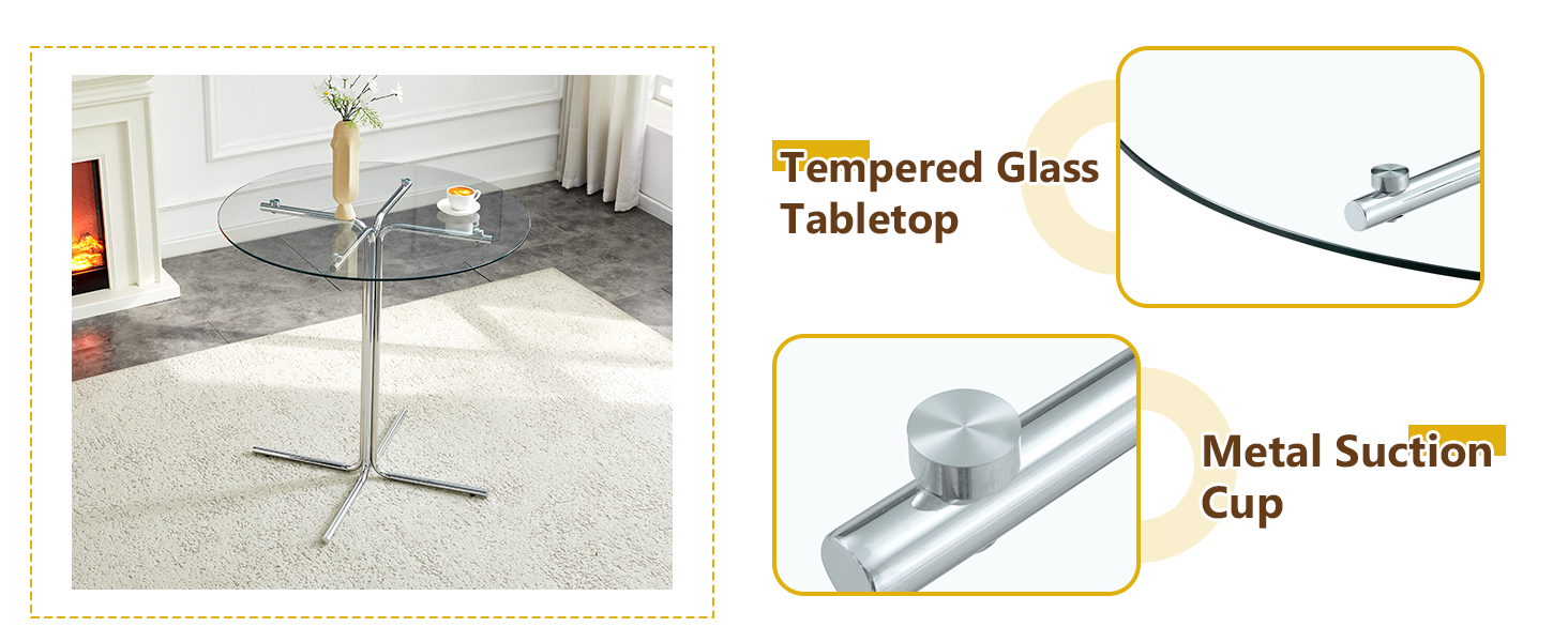 Round glass bar high table, 36 inch round bar table, tempered glass tabletop, sturdy silver chrome plated four column support, suitable for transparent round bar tables in small spaces, kitchens - Grand Goldman Shop