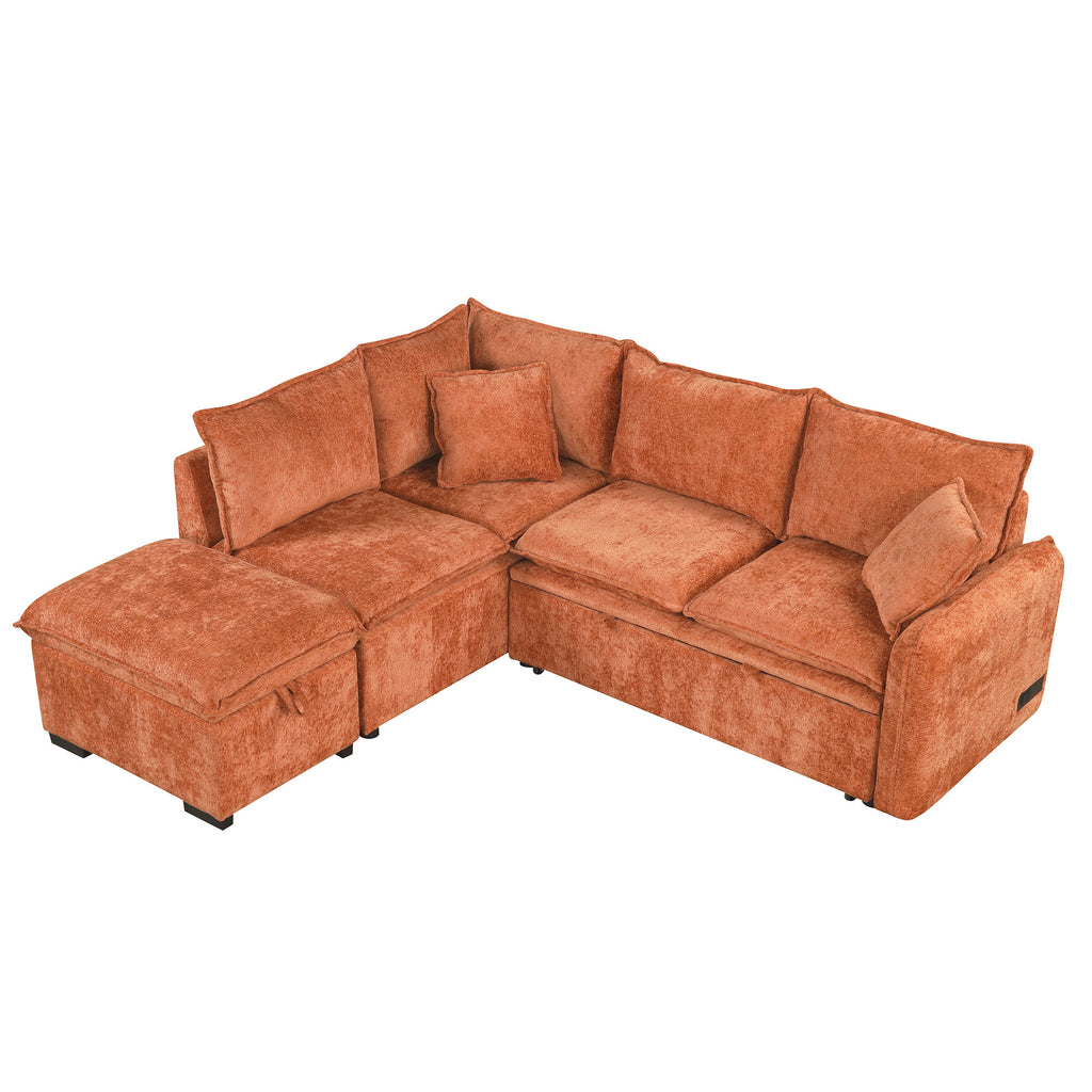 Convertible L-shaped Sofa Bed with Storage Ottoman, Power Sockets & USB Ports, Orange Chenille, 82.67' - Grand Goldman Shop