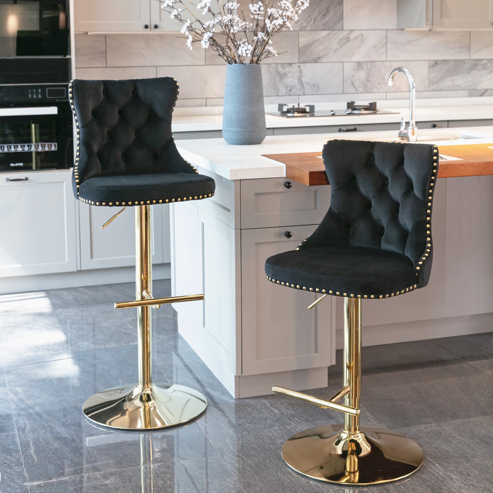 A&A Furniture,Golden Swivel Velvet Barstools Adjusatble Seat Height from 25-33 Inch, Modern Upholstered Bar Stools with Backs Comfortable Tufted for Home Pub and Kitchen Island（Black,Set of 2） - Grand Goldman Shop