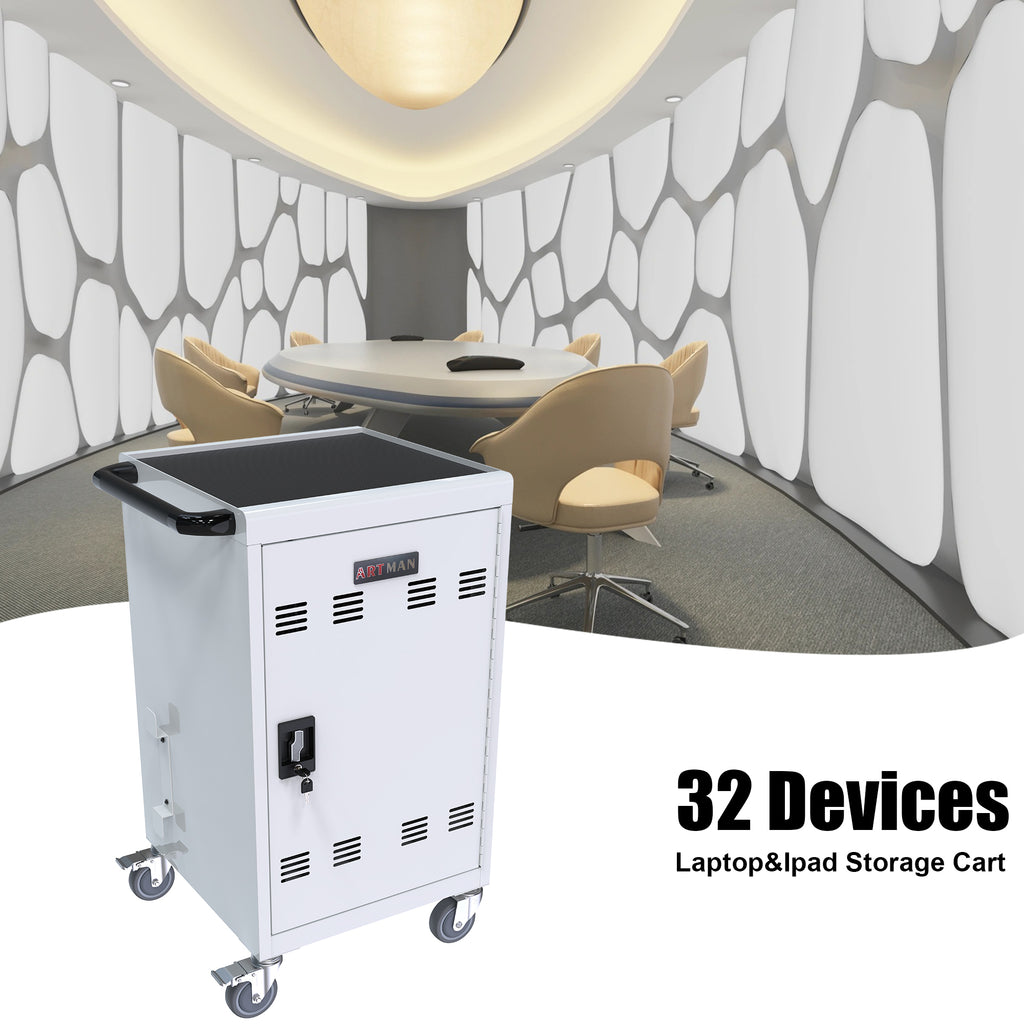 30+2 Bay Mobile School Charging Cart Station for Chromebook, Tablet and Laptop Computer with Power Strip Included - White - G