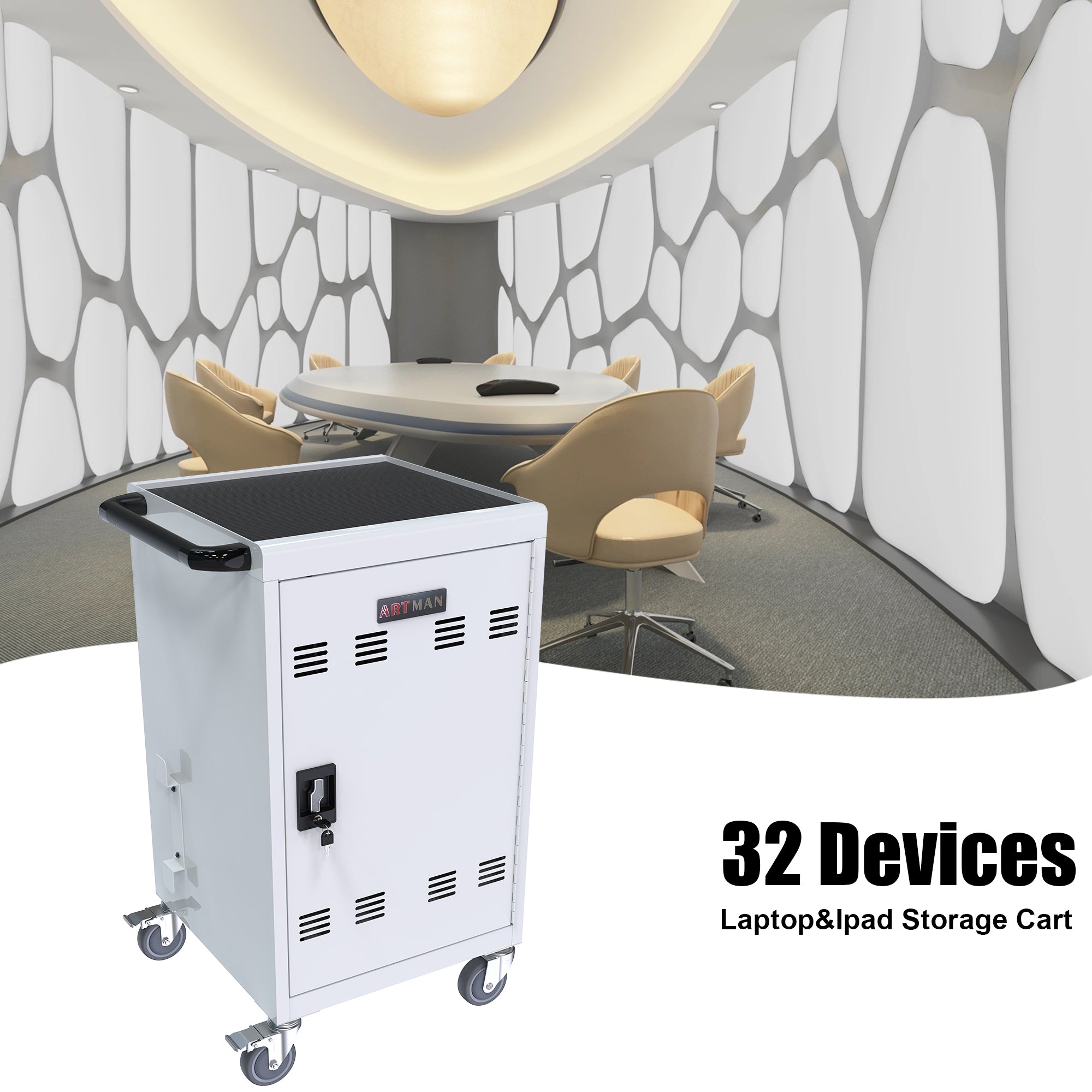 30+2 Bay Mobile School Charging Cart Station for Chromebook, Tablet and Laptop Computer with Power Strip Included - White - G