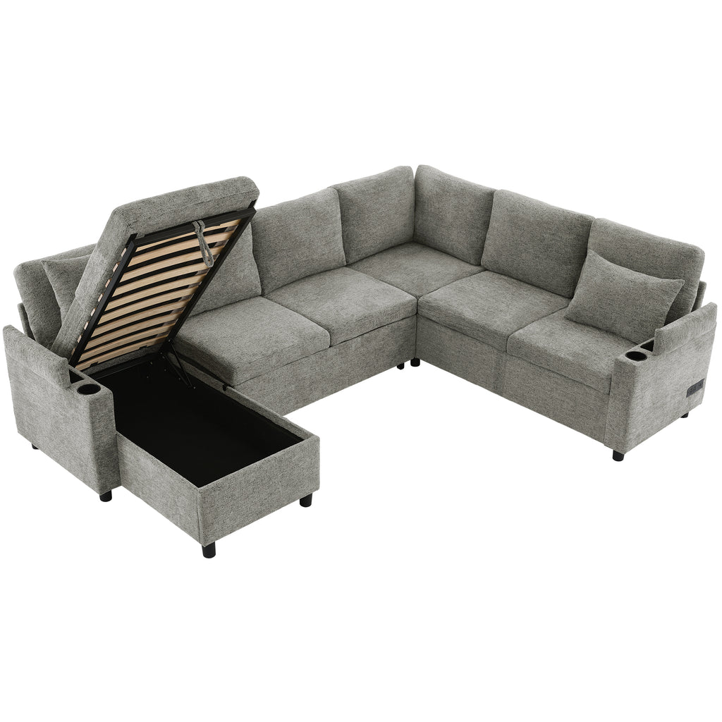 Versatile Light Grey Chenille Sectional Sofa Bed with Storage, Cup Holders & Charging Ports, 109.9' - Grand Goldman Shop