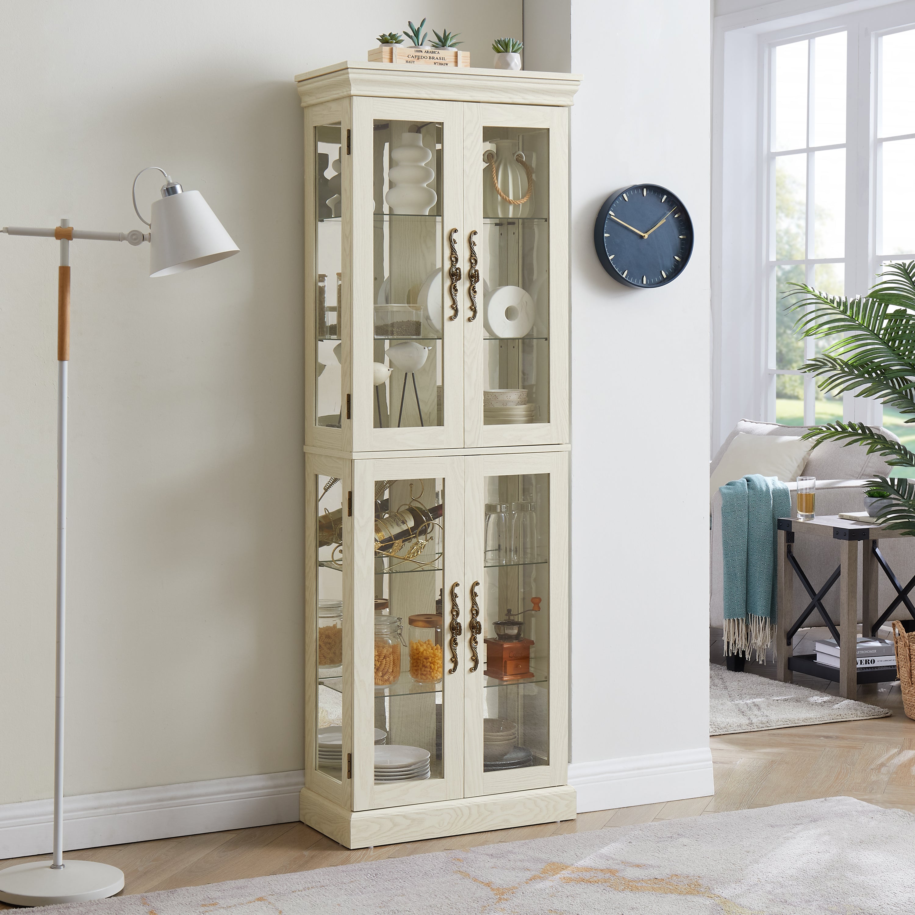 Lighted Glass Curio Display Cabinet,Display Cabinet,Glass Storage Cabinet Glass Wine cabinet Wood Frame Toy Display for Living Room, Kitchen, Pantry light bulb included Antique white - Grand Goldman Shop