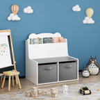 Kids Bookshelf with Storage Bins – Wooden Bookcase with Book Display Shelf and 2 Fabric Bins, Cute Bear-Shaped Backboard, Toy