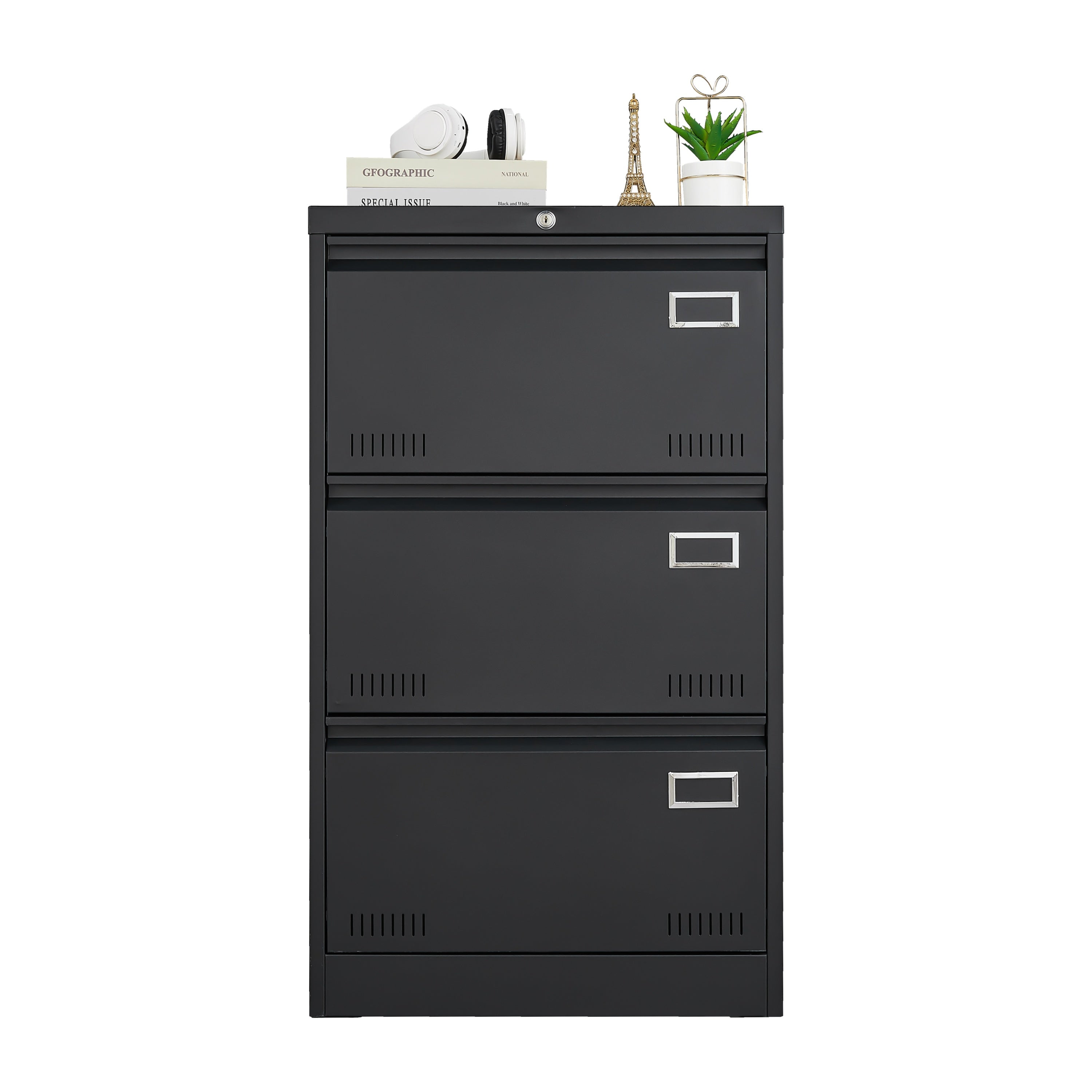 Black Metal 3-Drawer Lateral Filing Cabinet with Lock for Home and Office - Grand Goldman